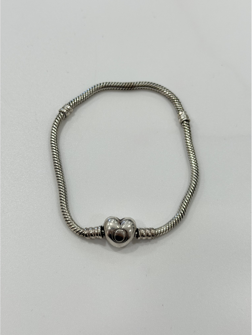 Sterling Silver 925 Pandora Snake Chain Charm Bracelet with Heart Shaped Clasp